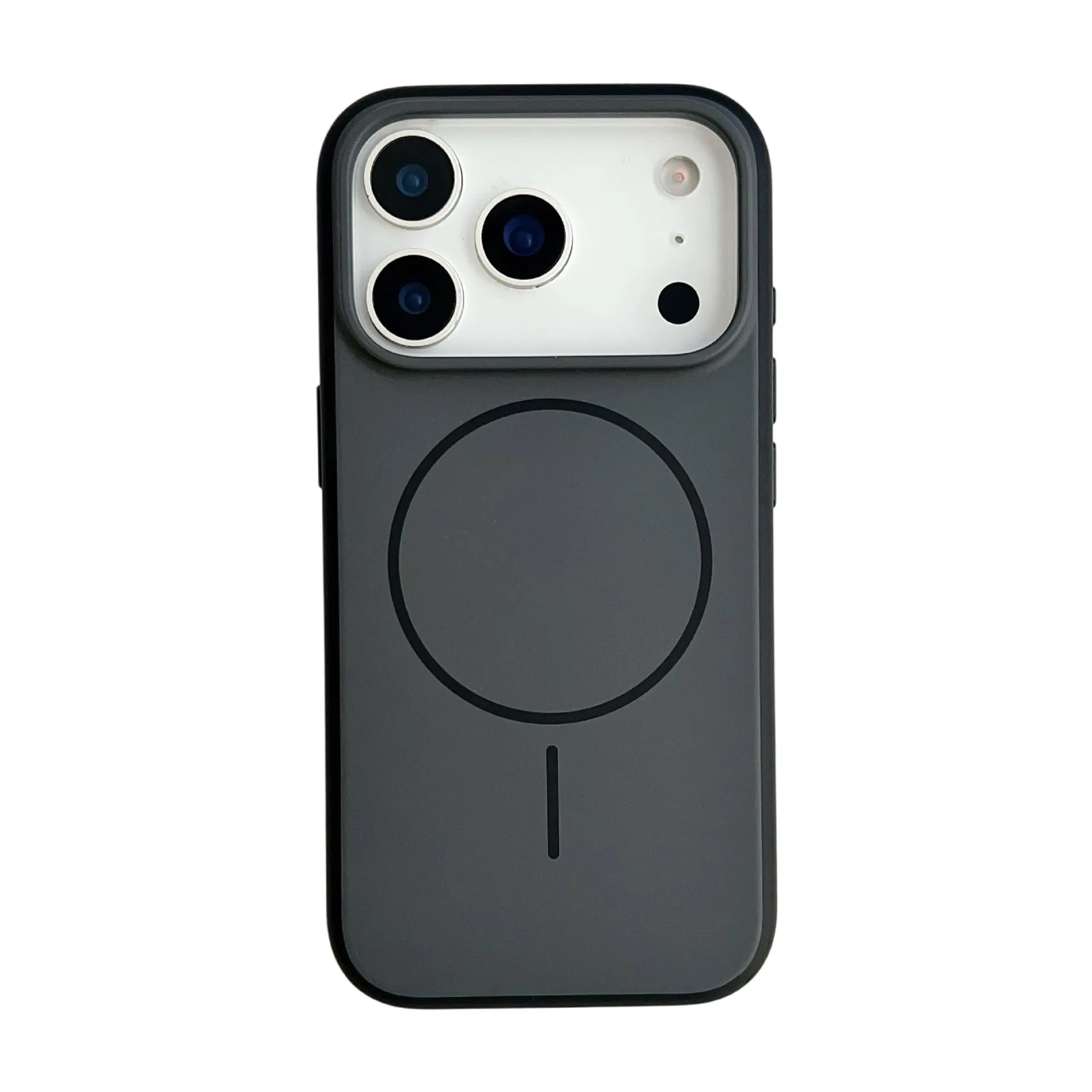 Frosted blue magnetic iPhone case with a built-in AI photography button on the side.