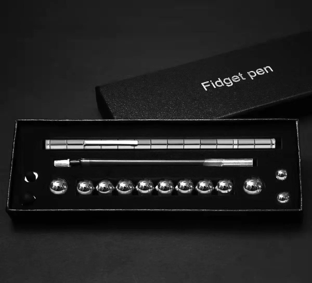 Magnetic modular pen set in silver iron box with 13 rings, 12 balls, 3 refills, 2 capacitor heads, and upgraded magnets