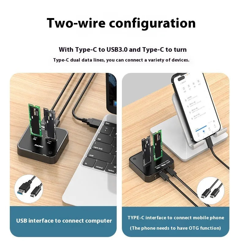 MAIWO K3016 M.2 SSD cloning dock with data cables and power adapter on a desk.