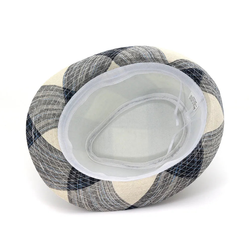 Blue and black polyester straw sun hat with bell crown and 4.5cm brim for outdoor sun protection.