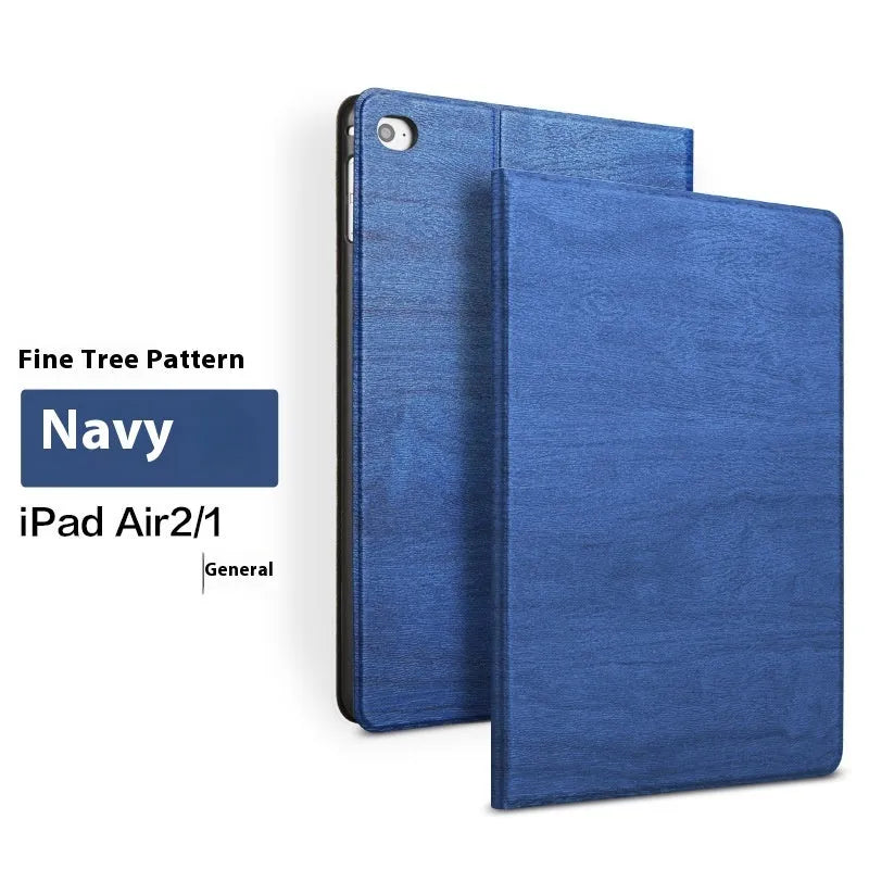 Sapphire blue imitation leather universal sleep bracket stand holding a silver iPad tablet.