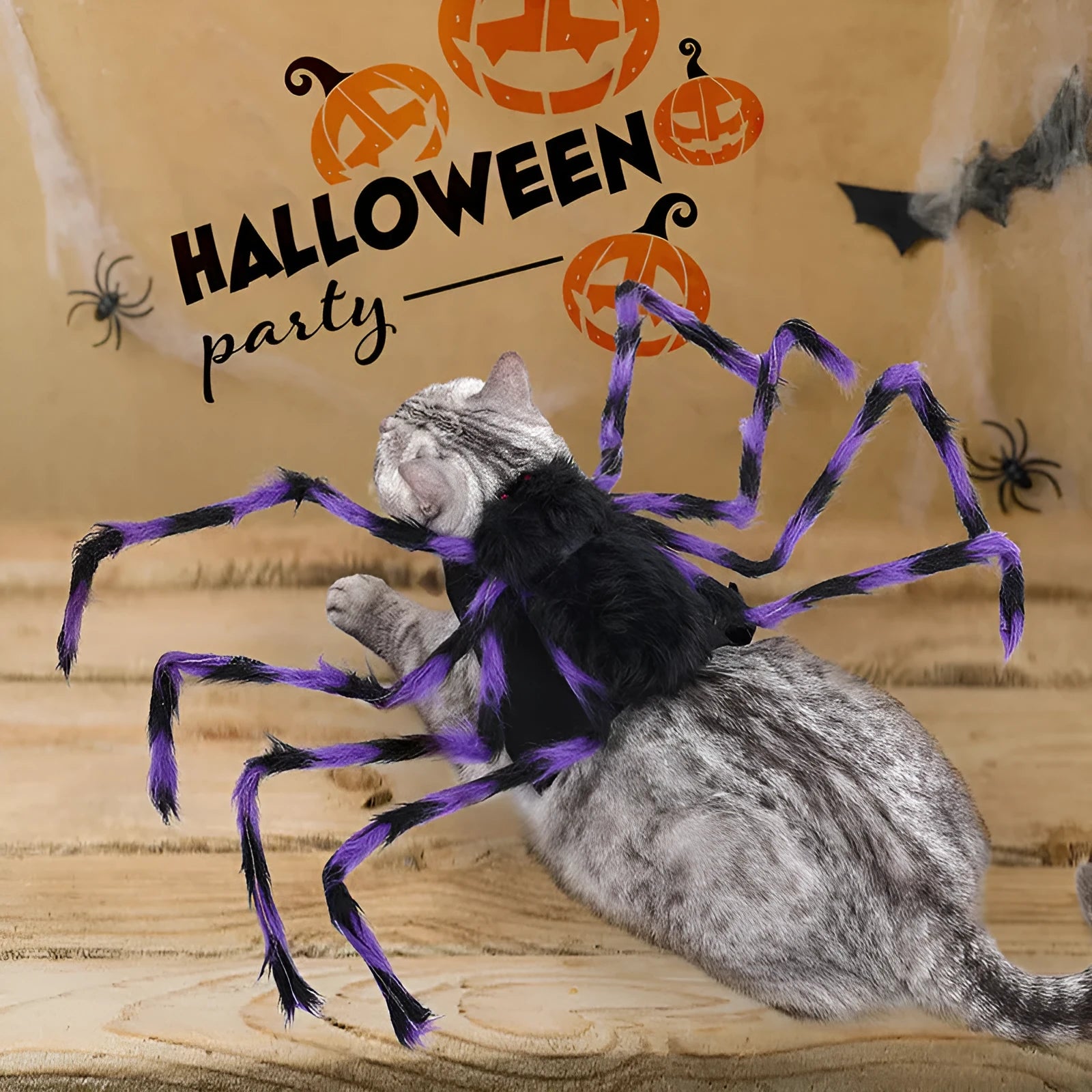Grey and black spider Halloween costume on a dog showing back covering and adjustable leg straps.