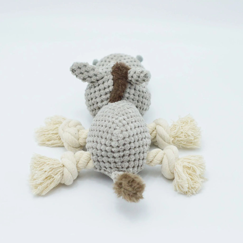 Grey donkey plush dog toy with creaking sound mechanism