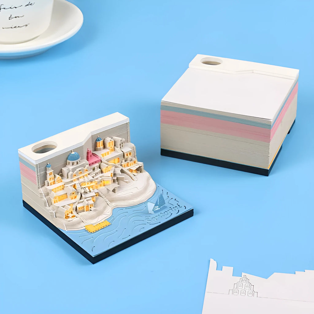 Santorini beach 3D paper carving notepad measuring 9x9x5 cm