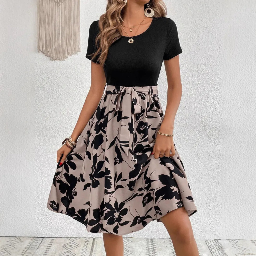 Khaki A-line women's dress with floral print and lace-up detail on the front.