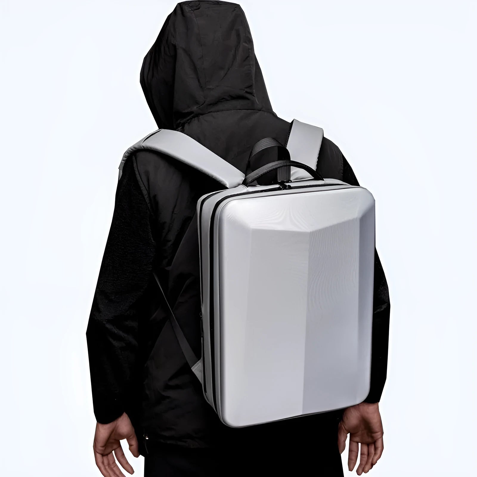 Waterproof ABS PC Oxford cloth business backpack with curved shoulder straps in black or silver white