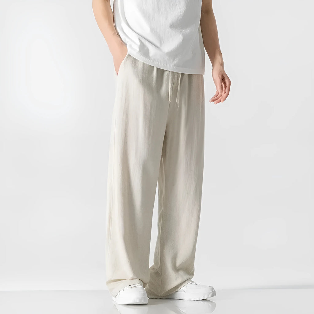 Men's loose straight-leg linen trousers in bamboo fibre fabric with drawstring waist
