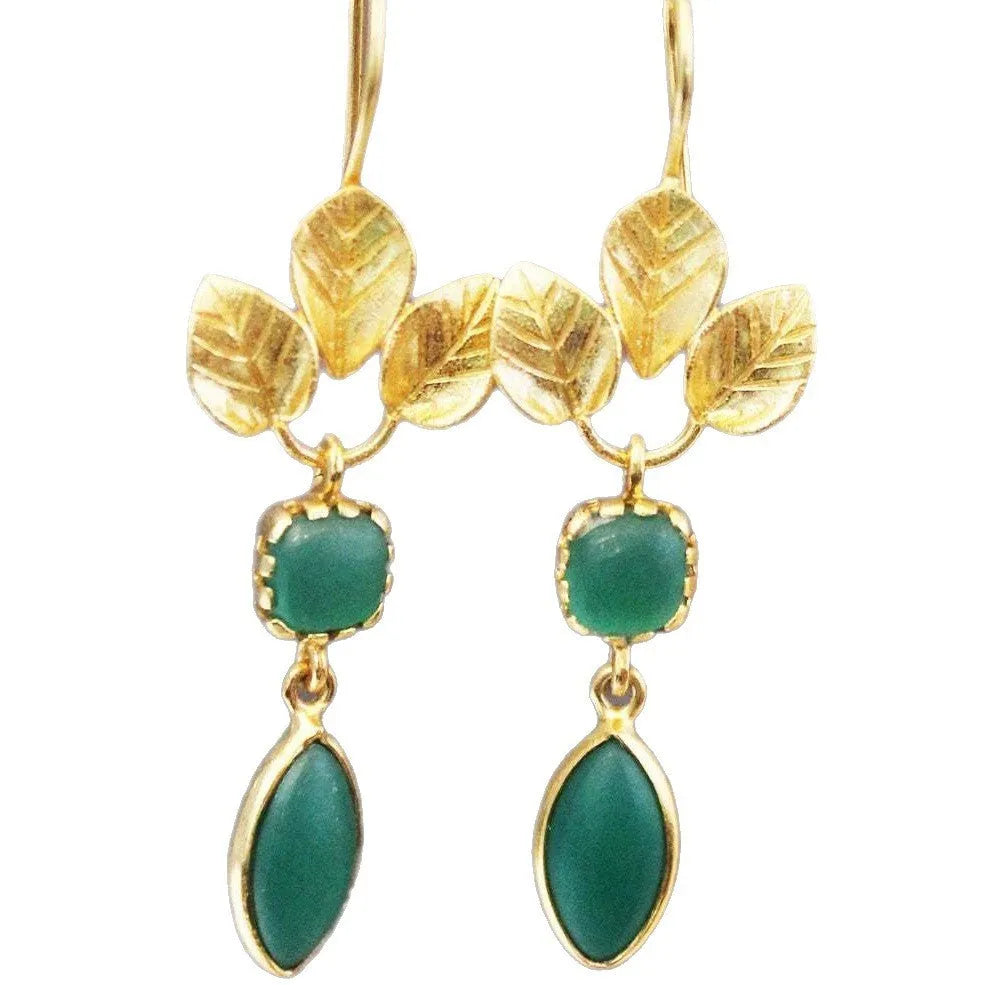 Gold retro women's drop earrings with French leaves, a tassel, and zircon water drop details.