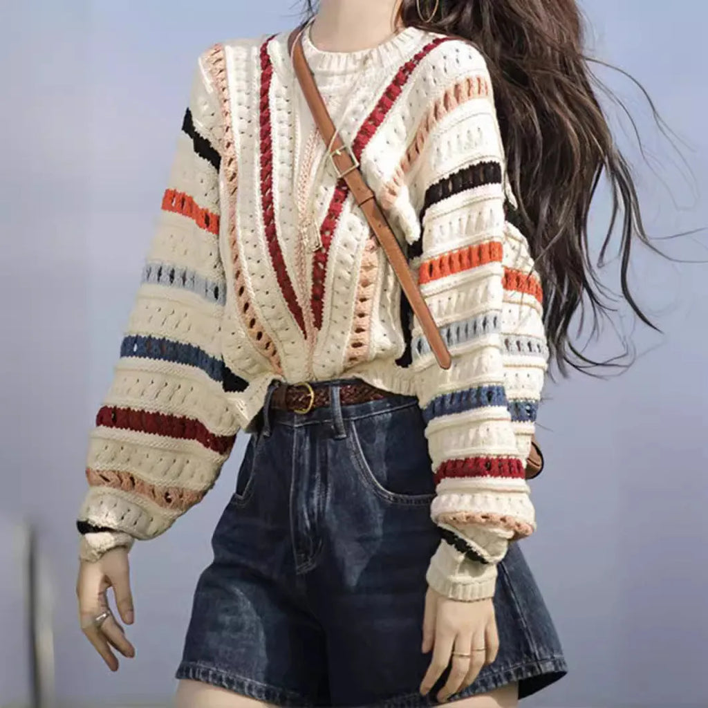 Rainbow striped loose fit sweater with batwing sleeves in round neck pullover style