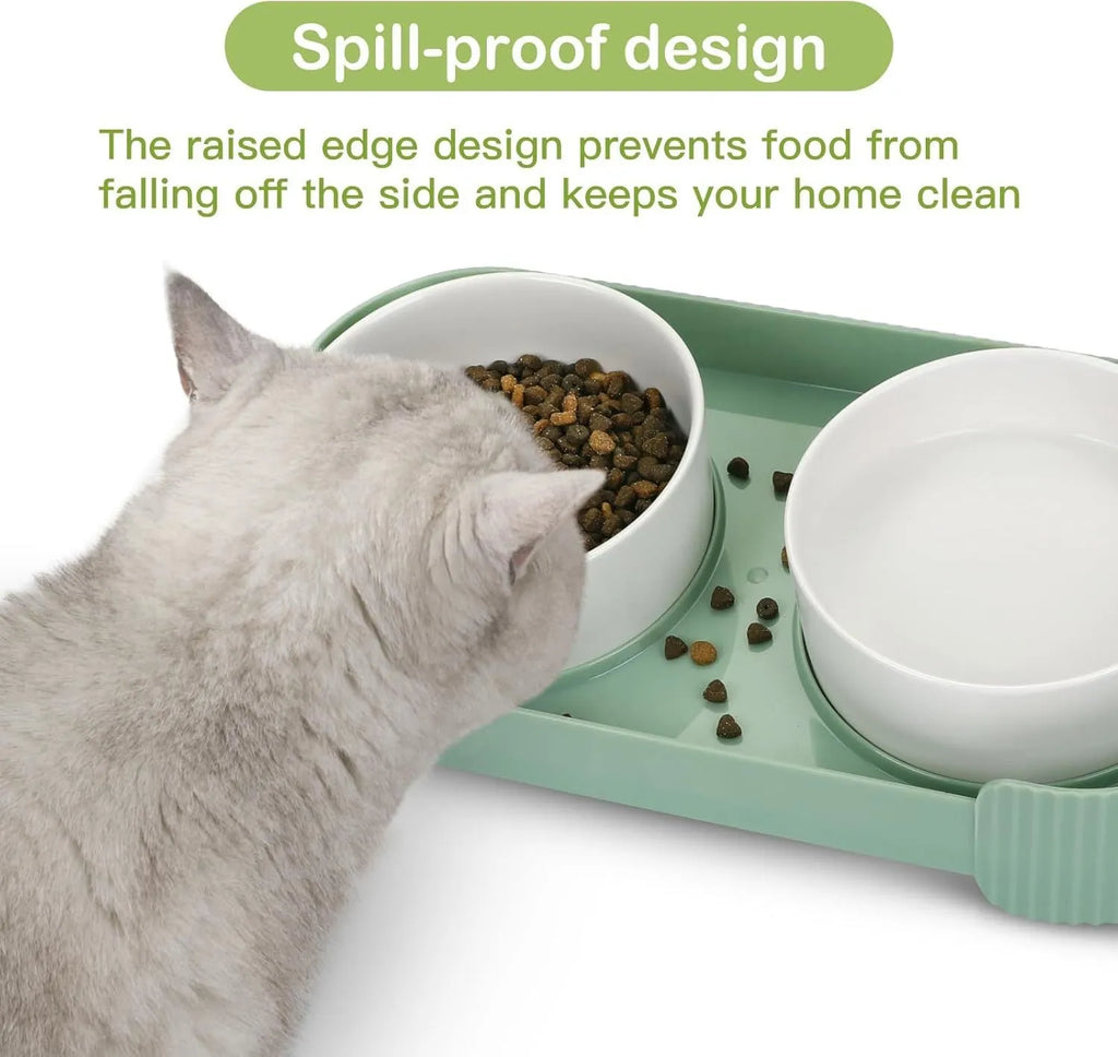 Green elevated ceramic cat bowl set with two bowls on a tilted stand, showing non-slip base.