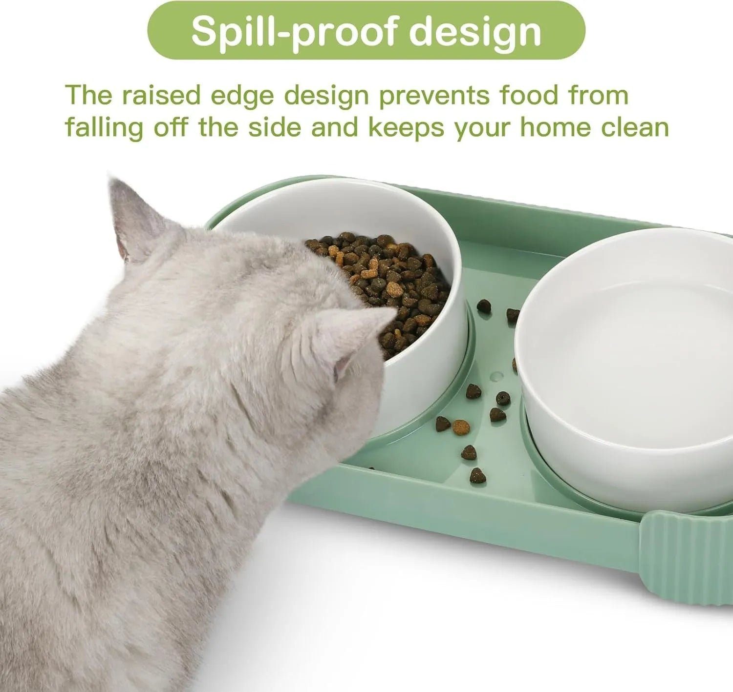 Green elevated ceramic cat bowl set with two bowls on a tilted stand, showing non-slip base.