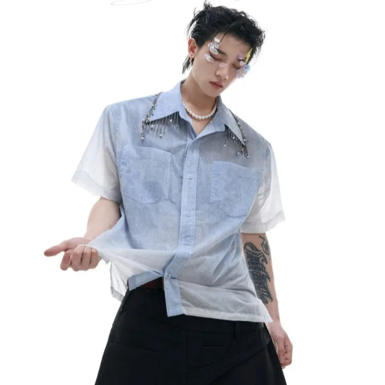 Blue and white gradient men's casual short-sleeve shirt with a loose fit.
