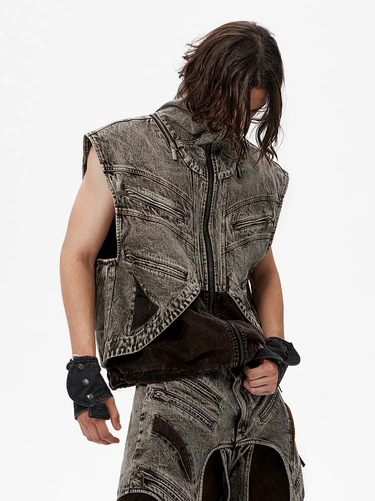 Men's sleeveless denim vest jacket with front zipper in casual summer style