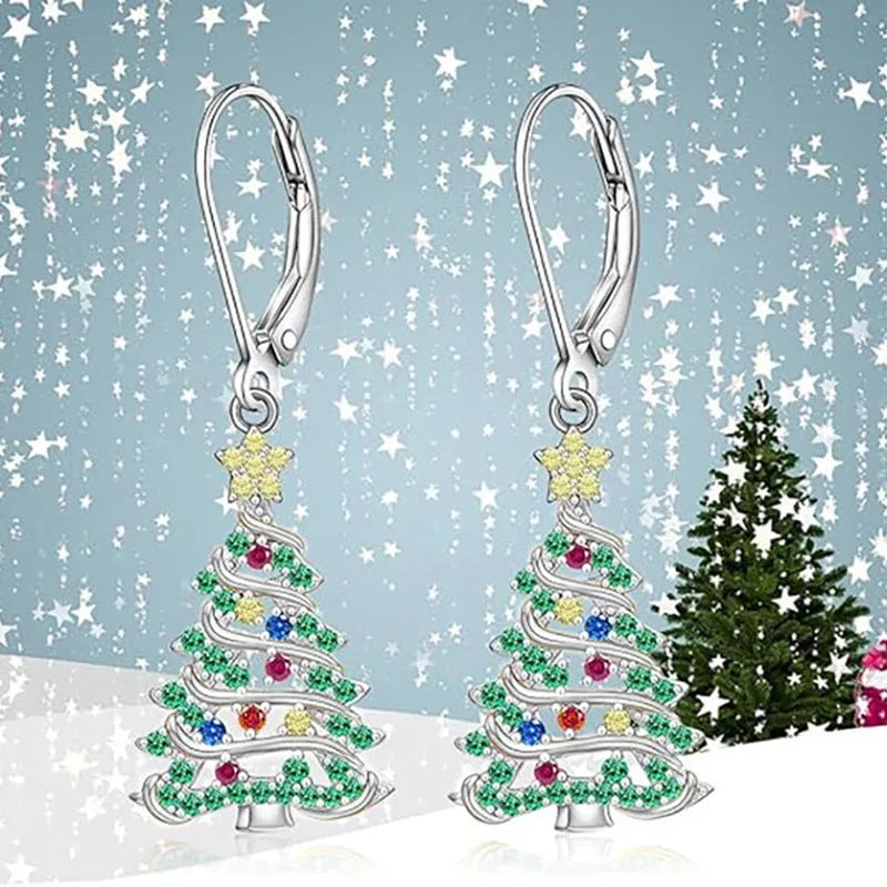 White gold colour Christmas tree earrings with star design elements for women