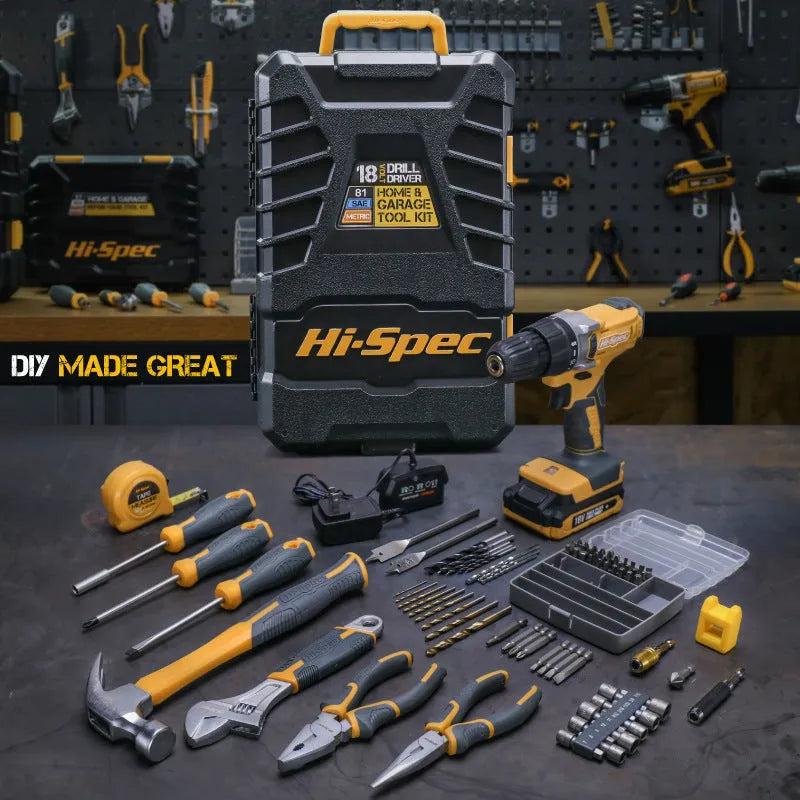 Grey-yellow US style case open to show 82-piece chrome-vanadium steel tool set for home repair