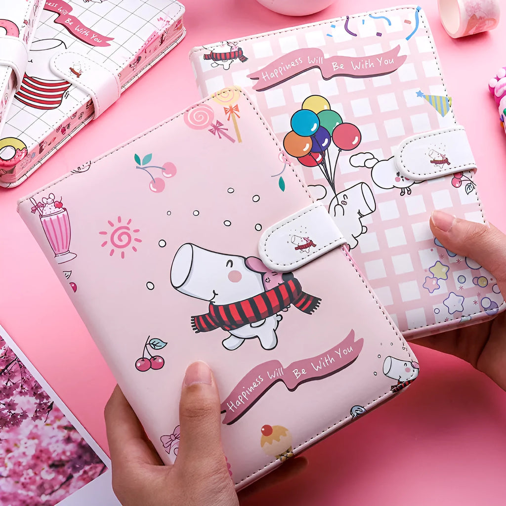 Small white Kaba Bear notebook with magnetic buckle closed, showing A6 size.