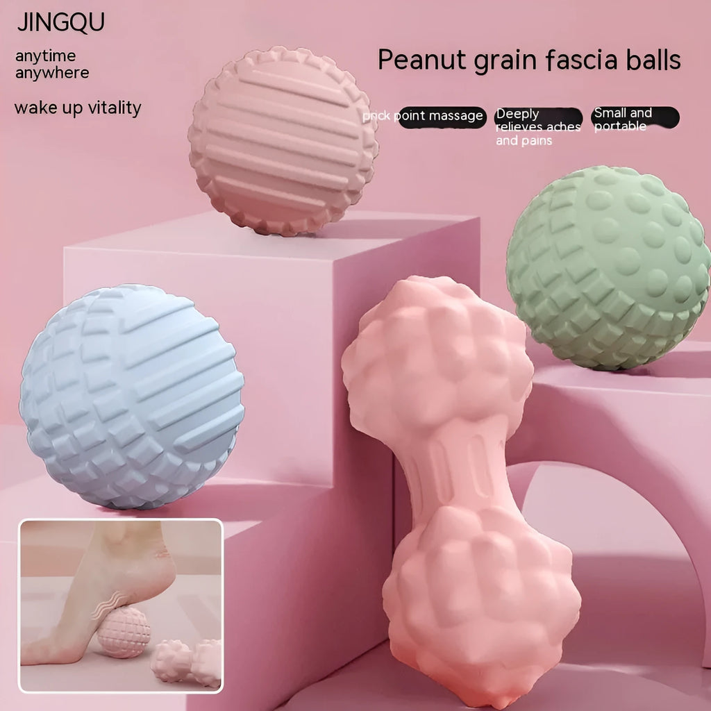 TPR foot massage ball in blue colour showing 6cm diameter with spherical and peanut-shaped variants