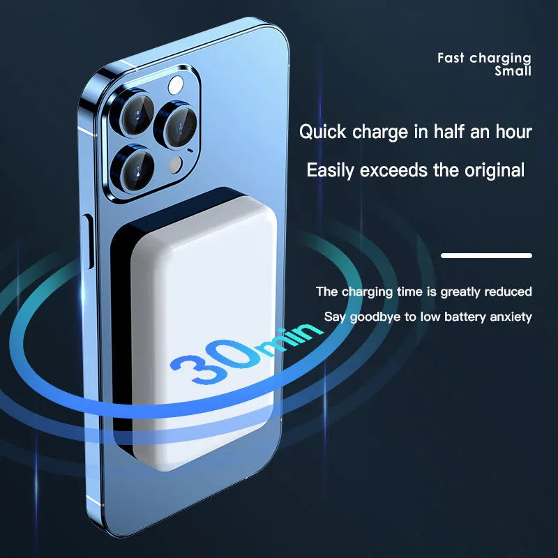 Pink wireless magnetic power bank showing dimensions 100x64x18mm with 20000mAh capacity.