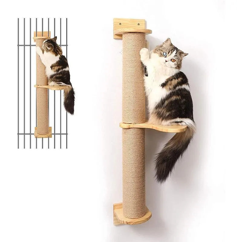 Wooden wall-mounted cat climbing frame with rope ladders and jumping platform in natural wood colour