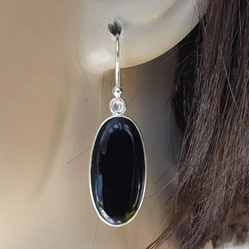 Black oval geometric pendant earrings with electroplated 925 silver alloy for women