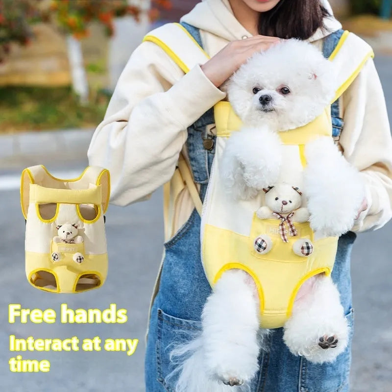 Soft canvas portable cat bag with animal pattern design and adjustable chest strap in multiple sizes