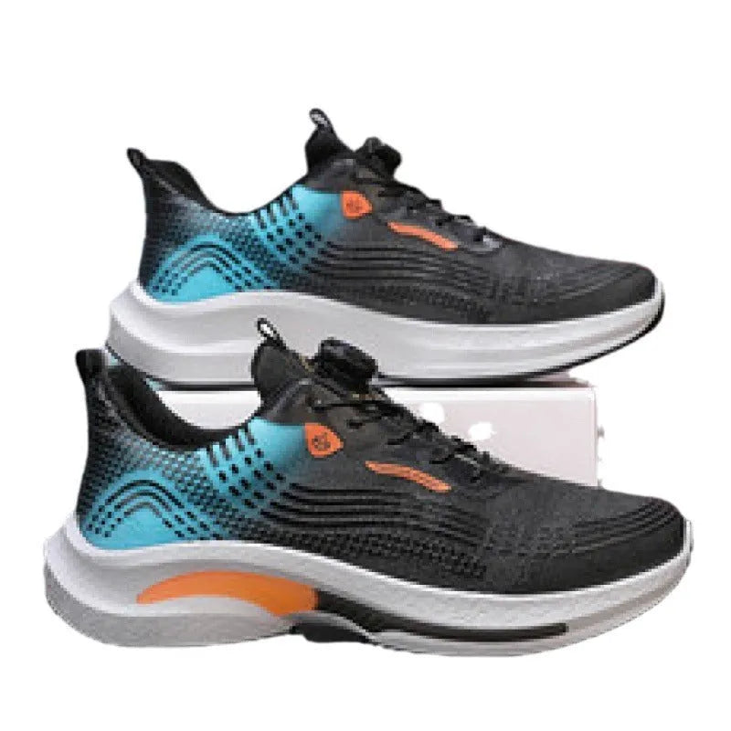 Men's low-top mesh sneakers in white and blue colourway on a rubber sole.