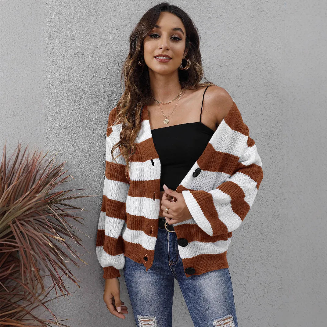 Women's striped cardigan sweater in deer plush polyester with button front in blue, black, brown, or dark green.