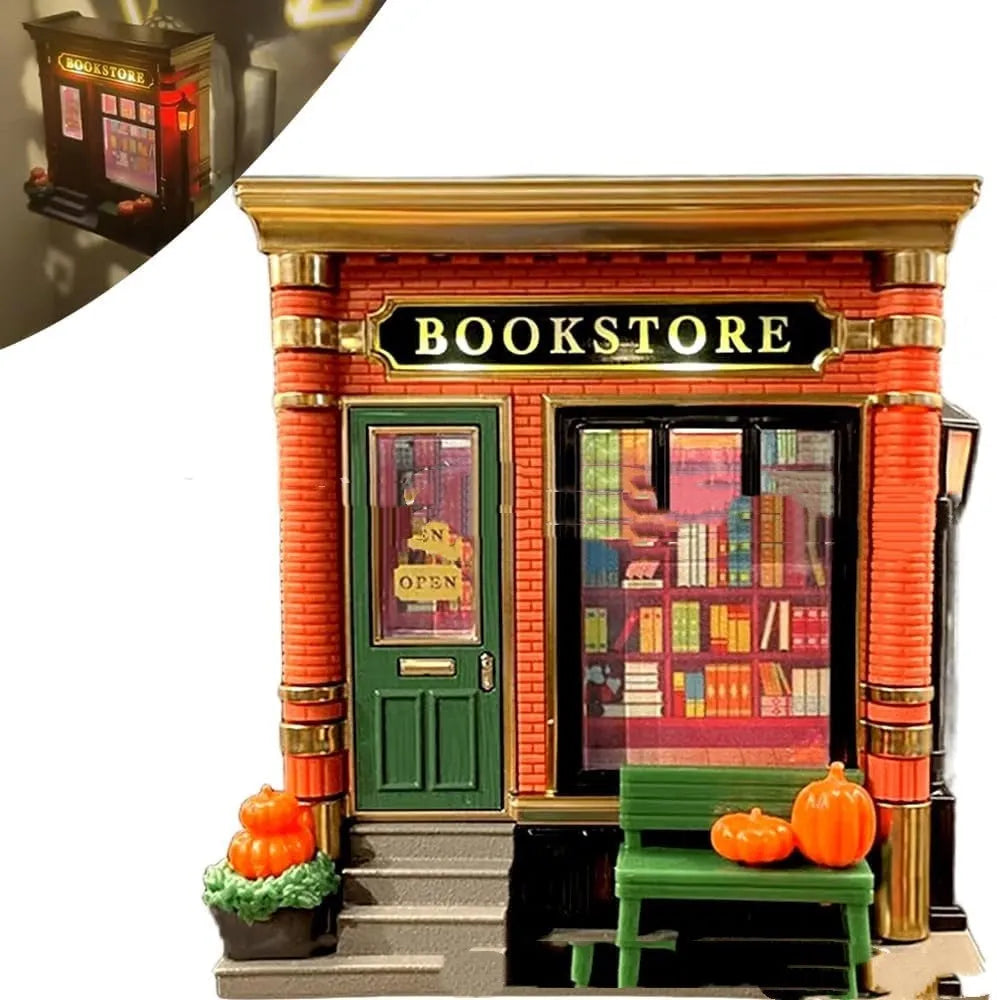 Small resin cartoon house night lamp ornament with a warm glow on a tabletop.