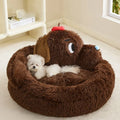 Plush grey sofa bed for small dogs and cats with raised bolsters, shown in medium and large sizes.