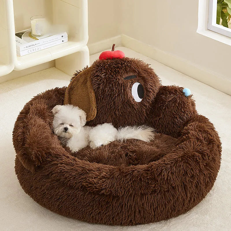 Plush grey sofa bed for small dogs and cats with raised bolsters, shown in medium and large sizes.