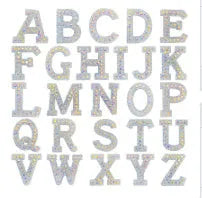 AB colour rhinestone letter emblem badge patch cloth sticker self-adhesive on white background