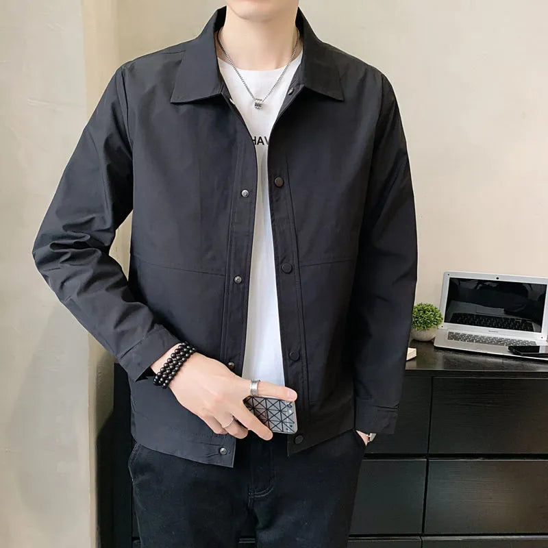Men's single-layer Korean style polyester jacket in light gray, shown front-on.