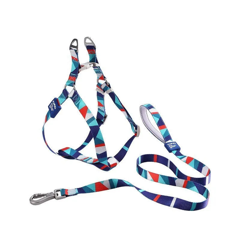Dog harness and leash set in polyester fabric showing blue, pink and green colour options
