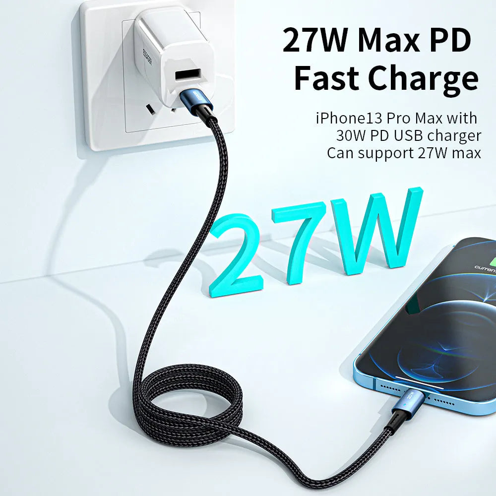 27W PD fast charging mobile phone cable with aluminium alloy section and indicator light in black colour