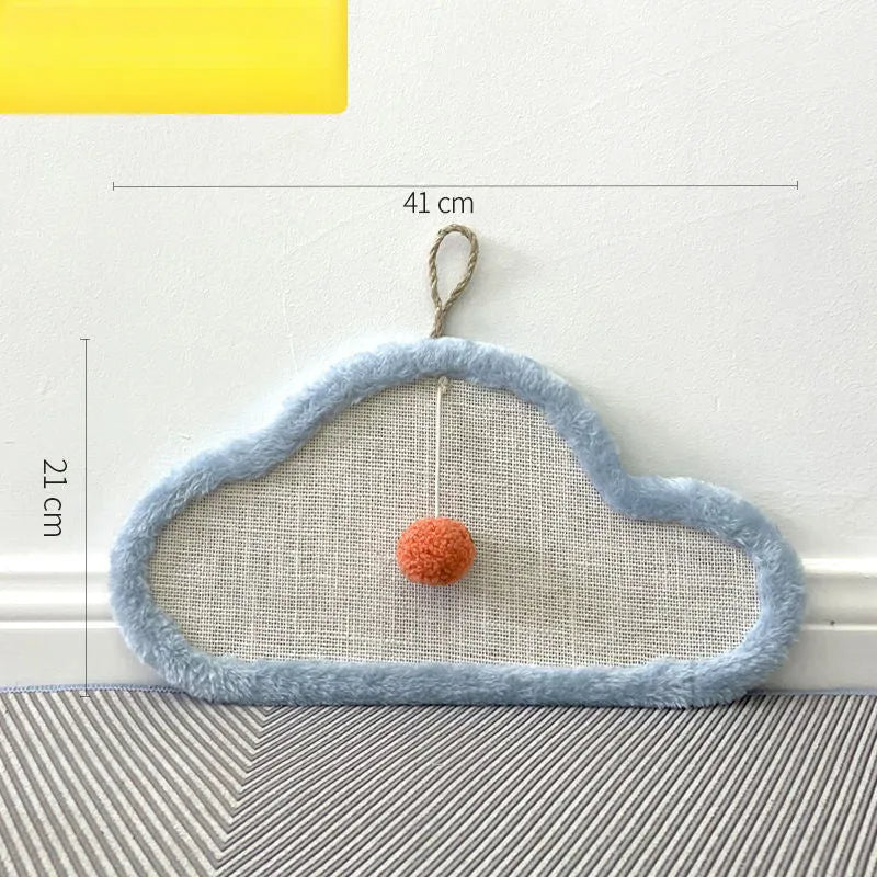 White cat scratching mat with natural sisal surface featuring sleeping cat cartoon design