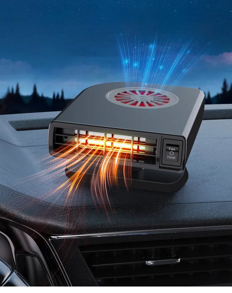 Black 12V vehicle-mounted heater with adjustable mount on a car dashboard.