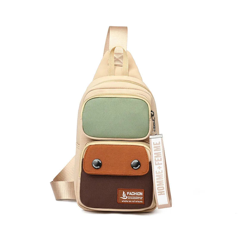 Nylon crossbody shoulder bag in black, beige contrast, or light brown contrast colour with simple letter pattern