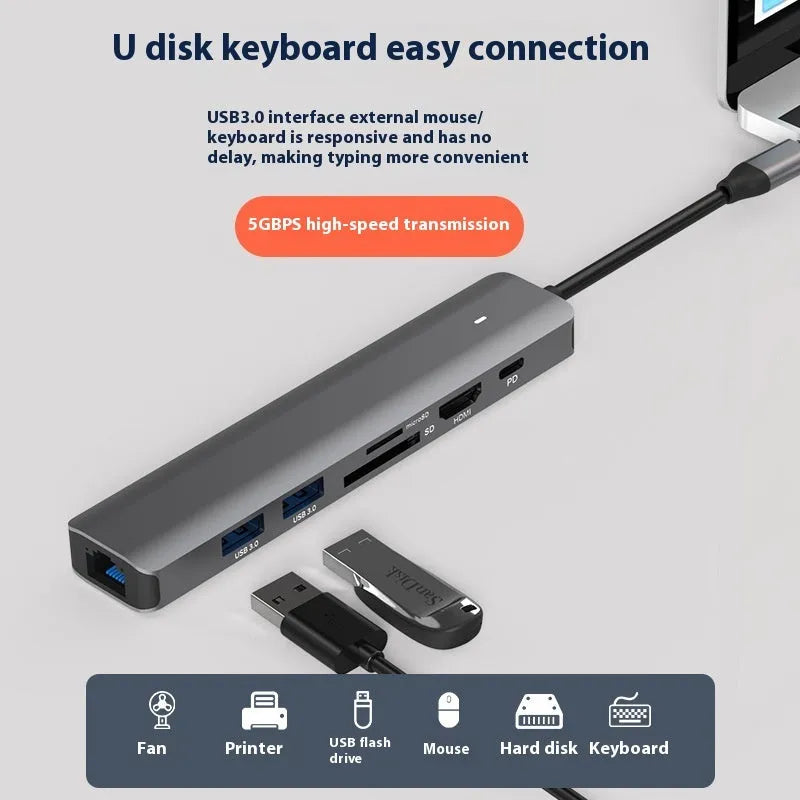 7-in-1 USB-C multi-port hub with SD card slot, microSD slot, three USB ports, and PD charging port.