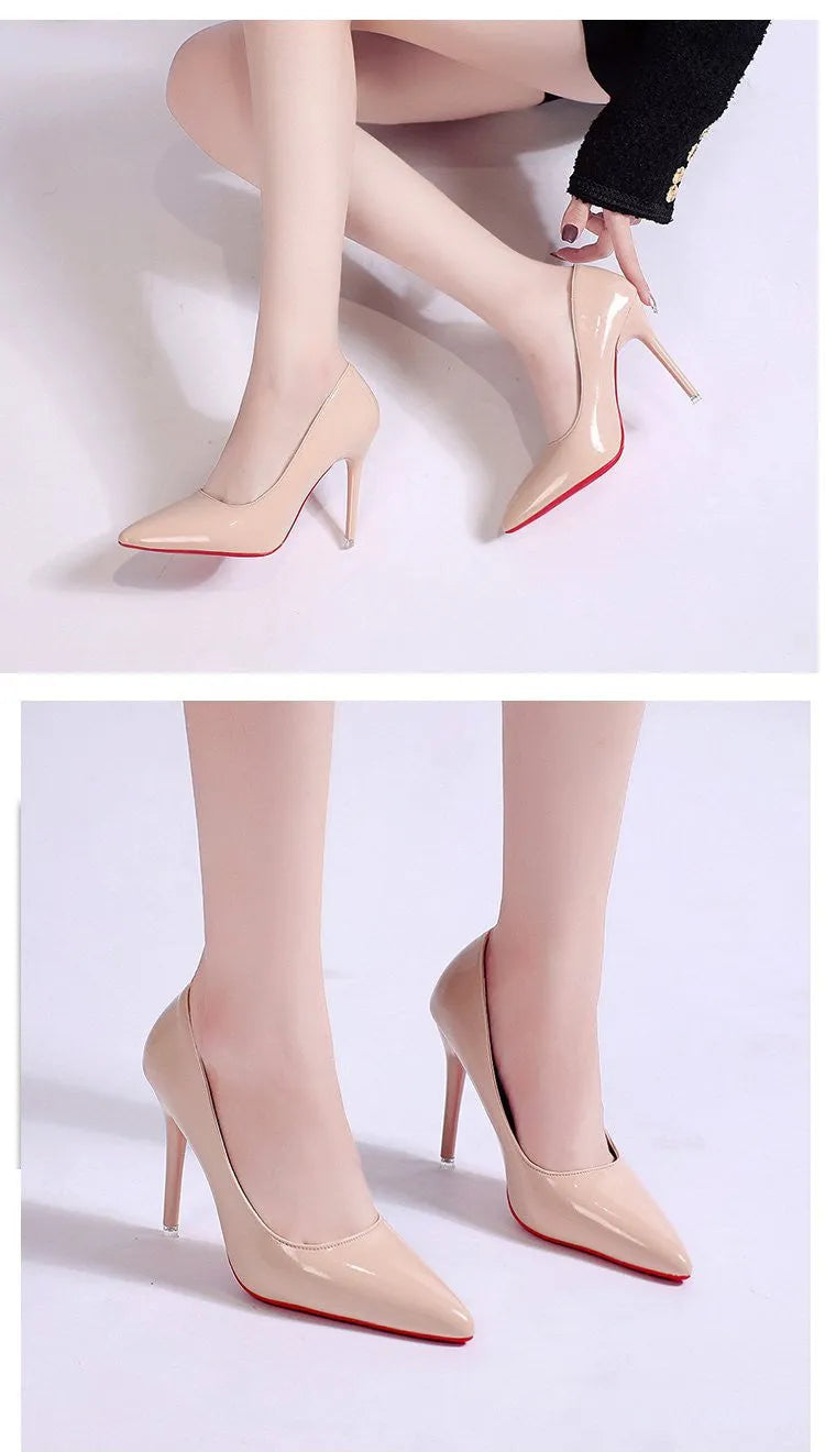 Women's solid colour pointed-toe pumps with a stiletto heel and shallow-mouth design.