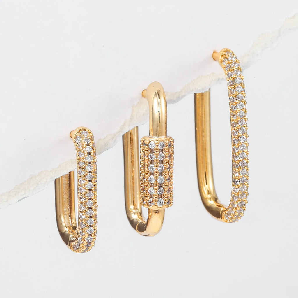 Geometric copper ear clip three-piece set with micro inlaid zircon stones in gold and white colours
