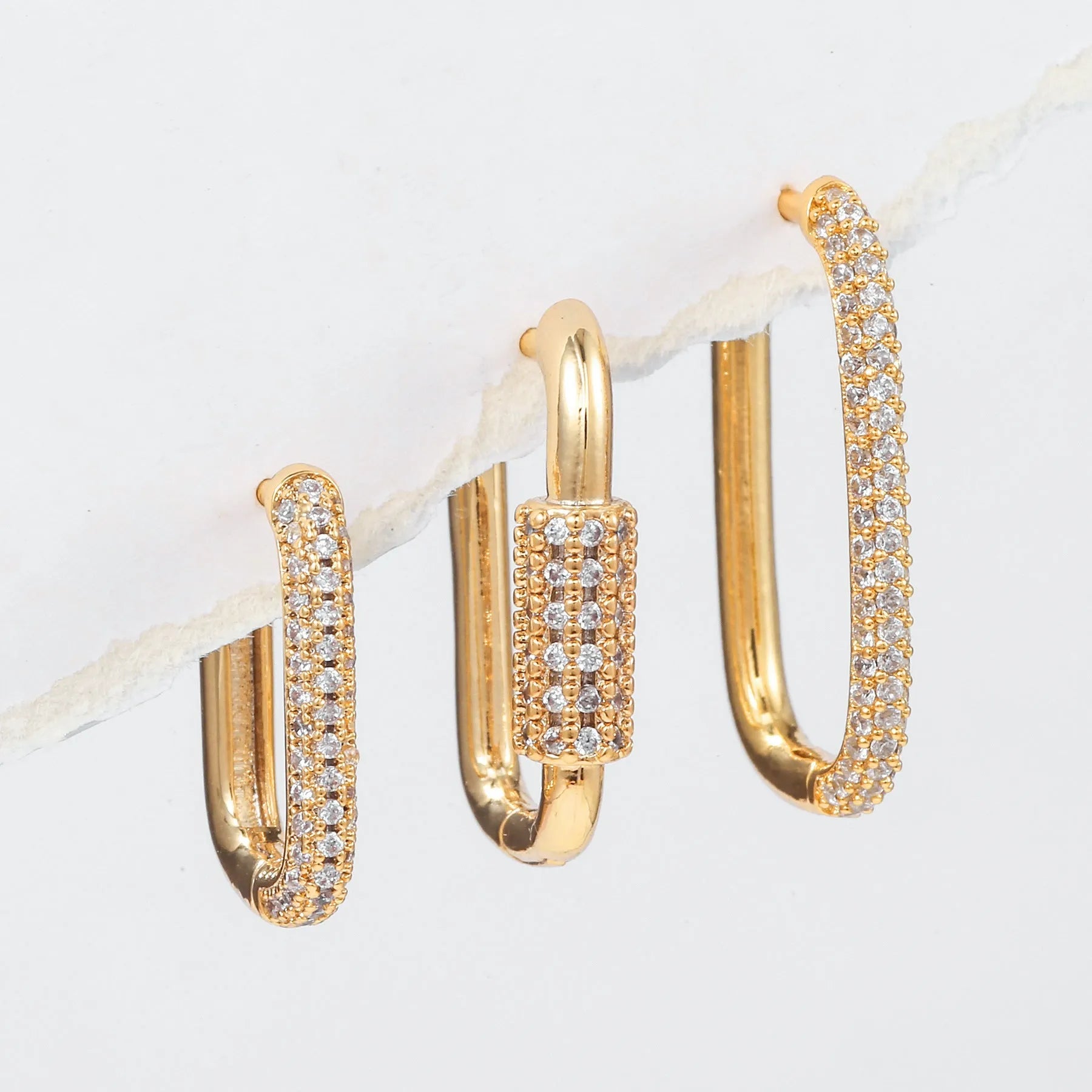 Geometric copper ear clip three-piece set with micro inlaid zircon stones in gold and white colours