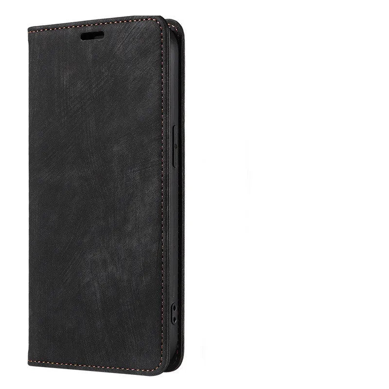 Magnetic flip phone case in grey colour made of TPU and leather for iPhone.