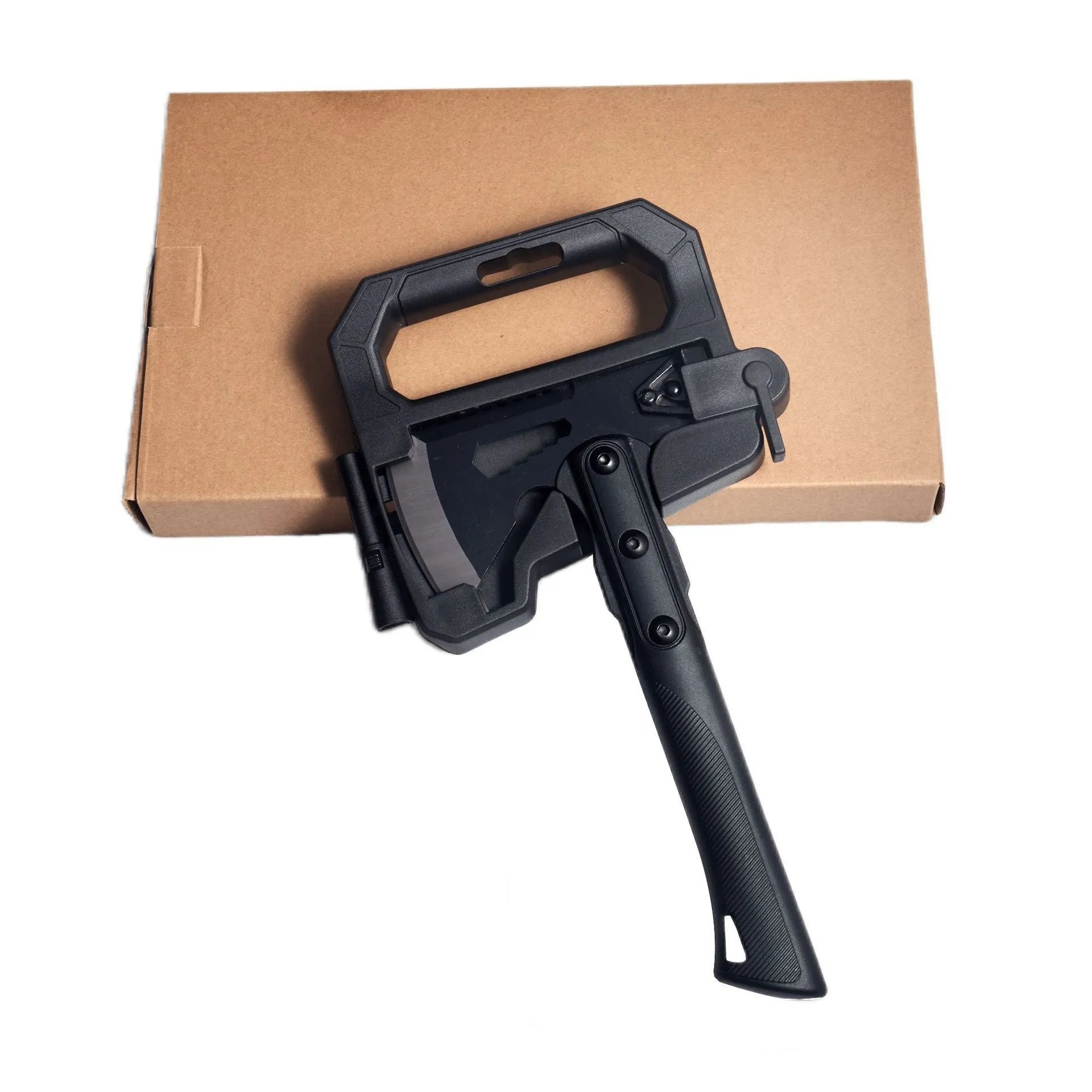 Stainless steel multi-functional camping axe with ABS handle showing four model variations
