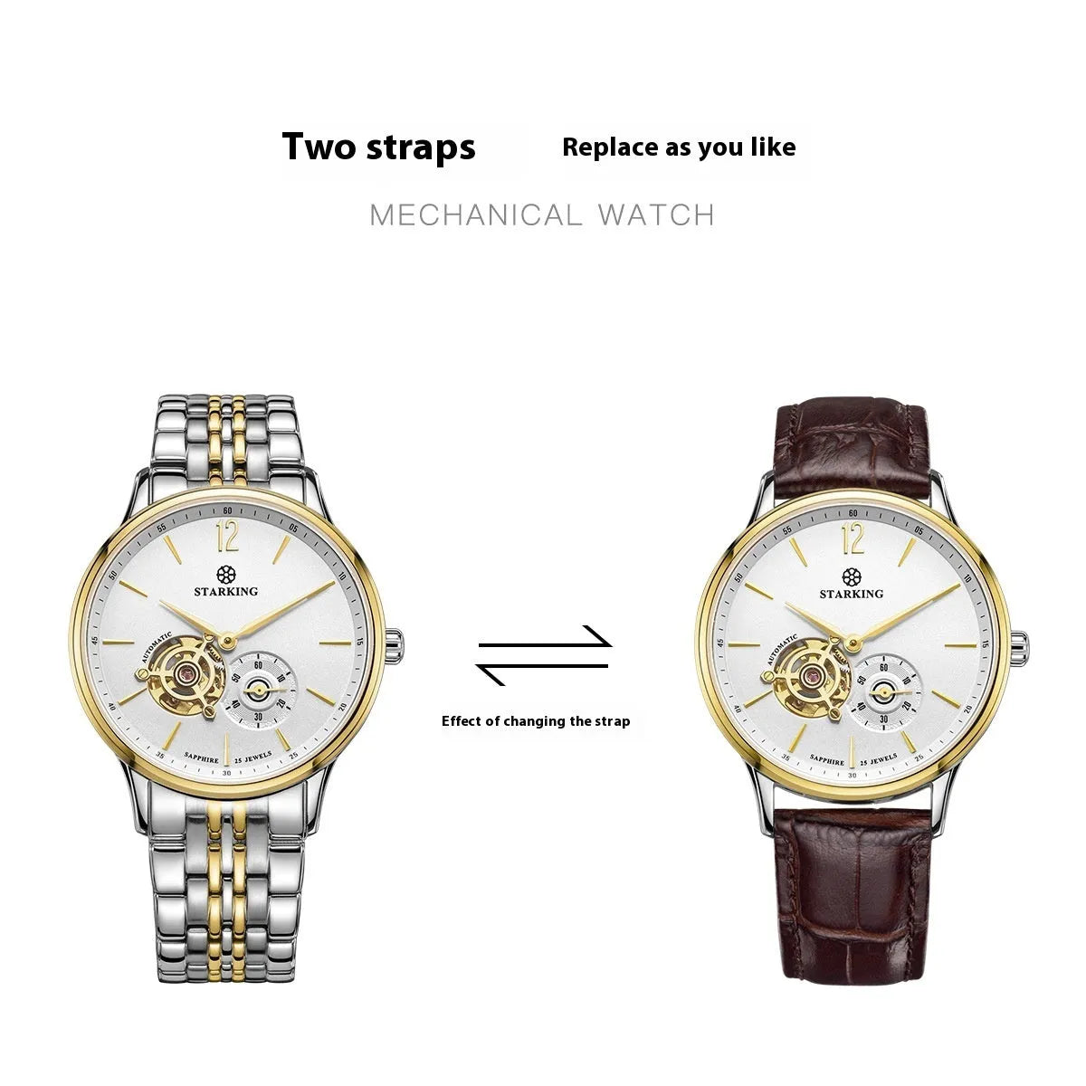 Men's automatic mechanical business watch with brown leather strap and stainless steel case on white dial.