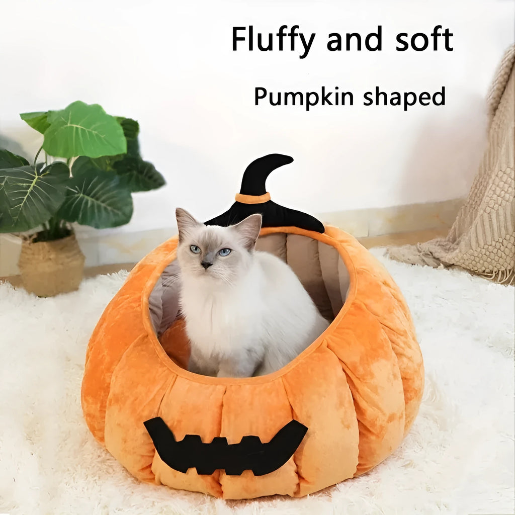 Halloween themed cat bed with cartoon pumpkin and devil design in soft plush fabric