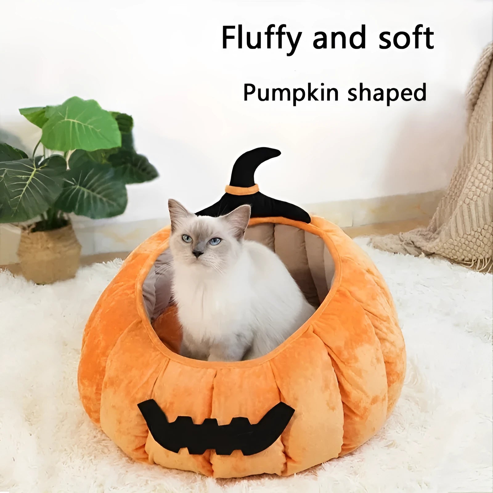 Halloween themed cat bed with cartoon pumpkin and devil design in soft plush fabric