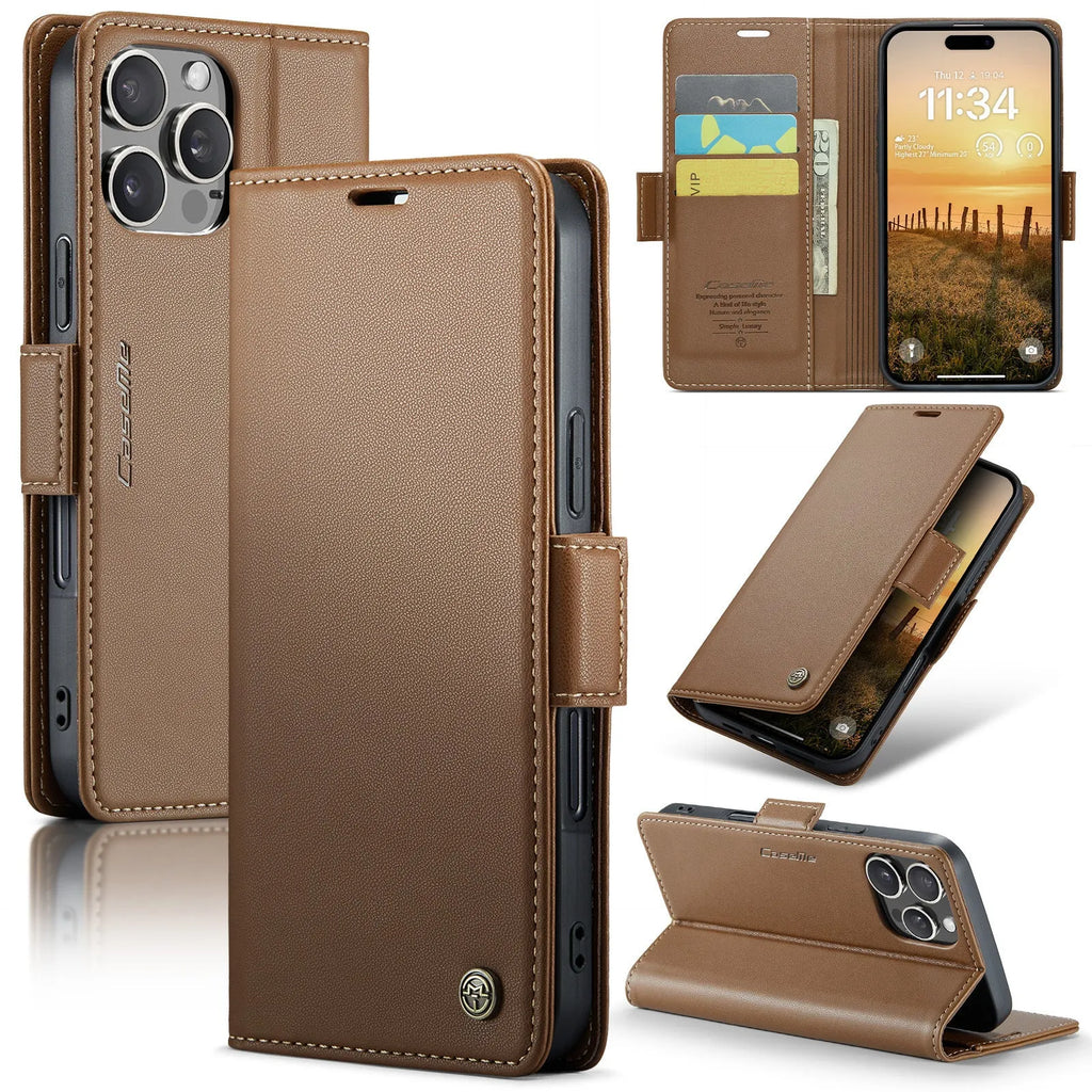 Black anti-theft TPU leather phone case with card slot and kickstand for iPhone model