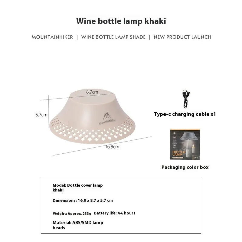 Beige rechargeable camping lantern with a wine bottle-shaped shade showing its USB-C port and gear switch.