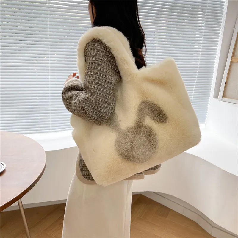 Women's plush rabbit ears tote bag with large shopping capacity in solid colour