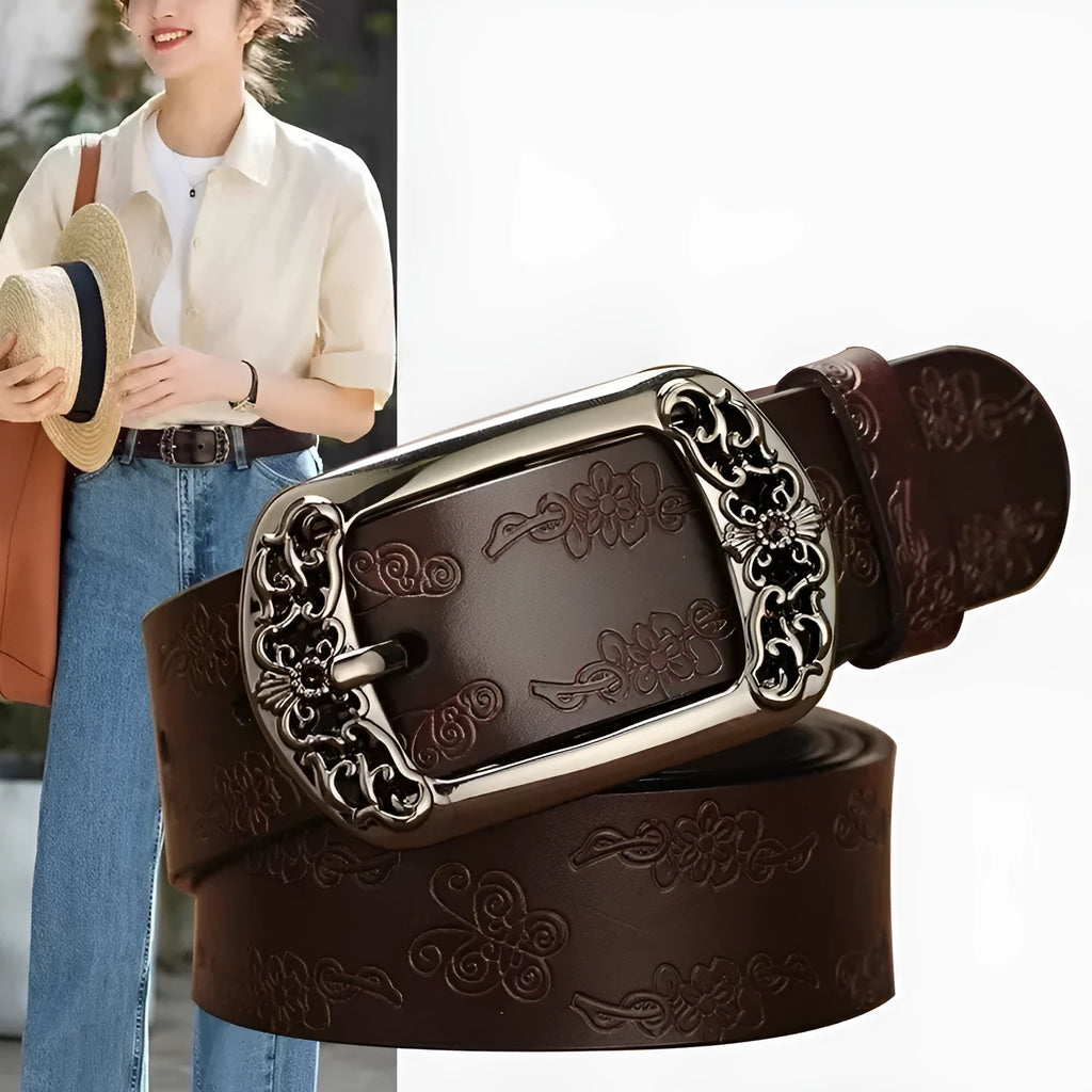 Thin black women's PU leather jeans belt with an alloy double-buckle fastening.